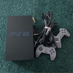Sony PlayStation 2 Console with Dual Black and Gray Controllers